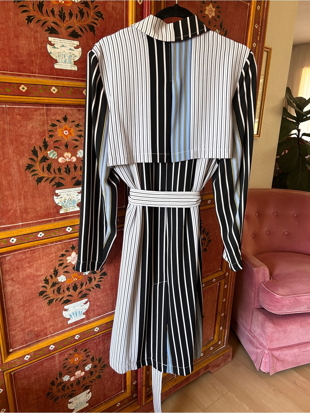 Peter Nygard Black, White & Light Blue Striped Belted Long-Sleeve Dress - Picture 4 of 6